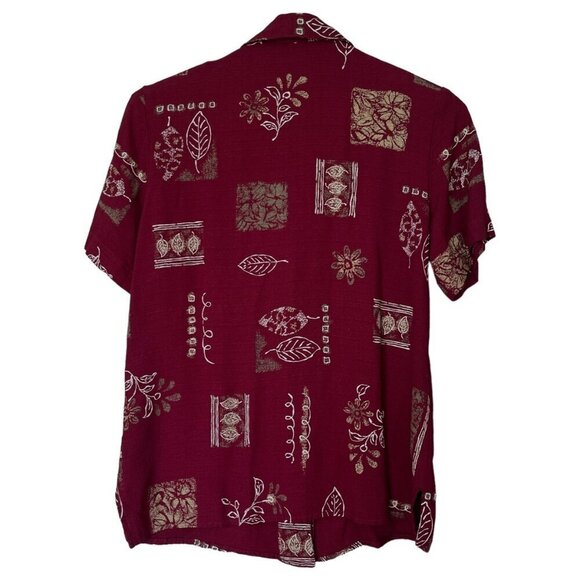 Liz Baker Womens Short Sleeve Button Up Top Sz S Maroon Botanical Island Resort - Picture 2 of 8